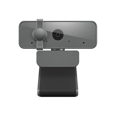 Graue Webcam mit Abdeckung vor dem Objektiv auf einem Monitorständer, isoliert auf weißem Hintergrund.