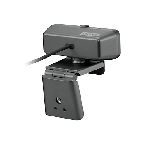 Graue Lenovo Webcam auf einem verstellbaren Standfuß vor weißem Hintergrund.