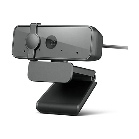Eine schwarze Webcam mit verstellbarem Standfuß und einer angebrachten Sichtschutzblende vor der Linse.