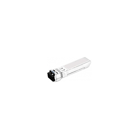 Ein weißes SFP-Transceiver-Modul mit schwarzem Stecker, isoliert auf weißem Hintergrund.