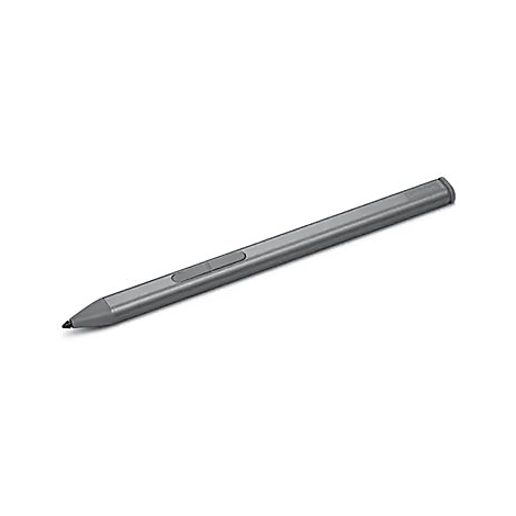 Grauer, schlanker Stylus-Stift auf weiÃŸem Hintergrund. Er hat eine Spitze und eine Taste.