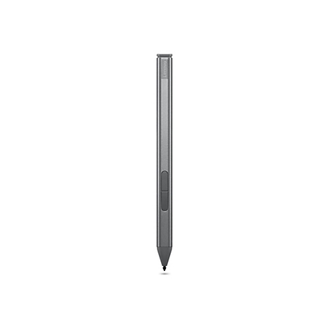 Grauer Lenovo-Stift. Schlankes, zylindrisches Design mit Druckknopf. Spitze unten, Lenovo-Logo oben.