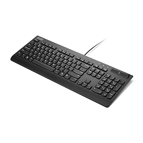 Schwarze Lenovo-Tastatur auf weißem Hintergrund. Die Tastatur hat ein klassisches Layout mit alphanumerischen Tasten und einem Ziffernblock.