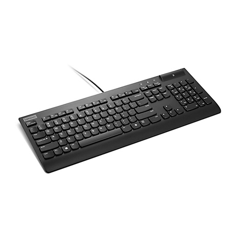 Clavier Lenovo noir, photographié d'en haut, sur fond blanc. Les touches sont étiquetées, y compris la marque Lenovo.