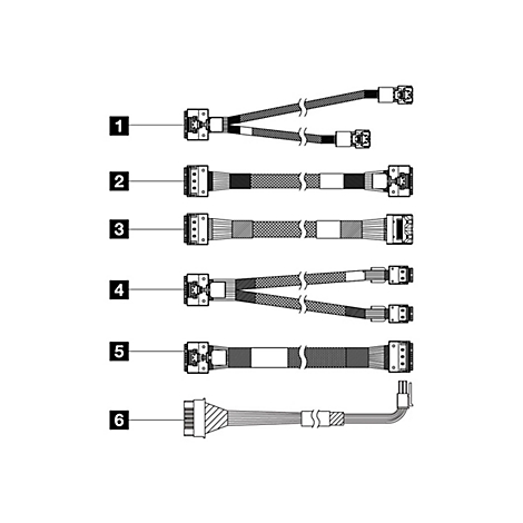 Verschiedene Kabel mit Steckern, Diagramm mit Nummerierung auf weißem Hintergrund.