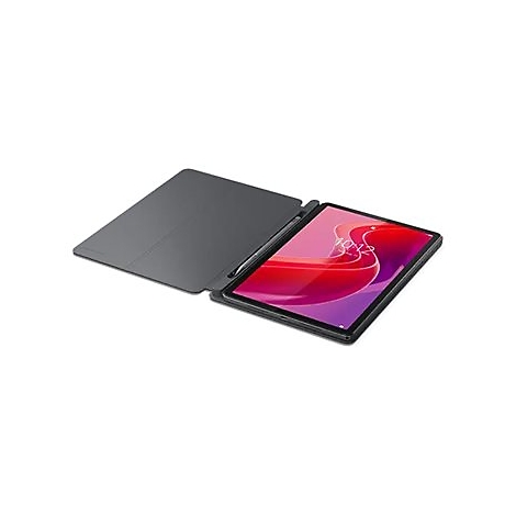 Ein Tablet mit Schutzhülle und Stift. Das Display zeigt eine rote Oberfläche mit der Uhrzeit.