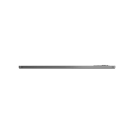 Draufsicht auf ein graues Tablet. Flaches Design, abgerundete Kanten. Auf der rechten Seite befinden sich Knöpfe.