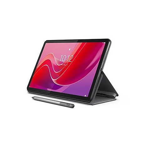 Ein Tablet-PC mit rotem und violettem Bildschirm, Stift, und schwarzer Hülle auf weißem Hintergrund.