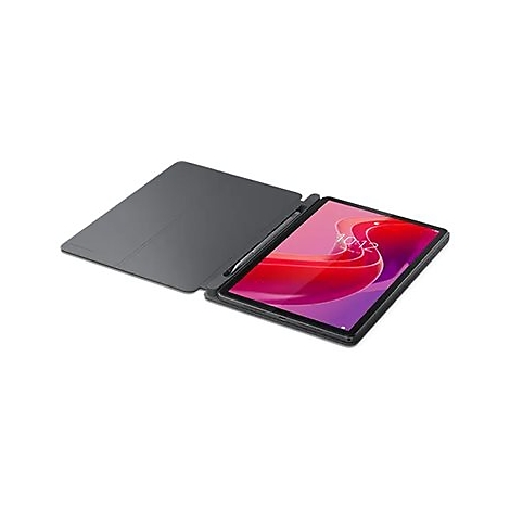 Tablet mit Stift und Cover, Display zeigt Uhrzeit. Graue Hülle, schwarzer Rahmen, weißer Hintergrund.