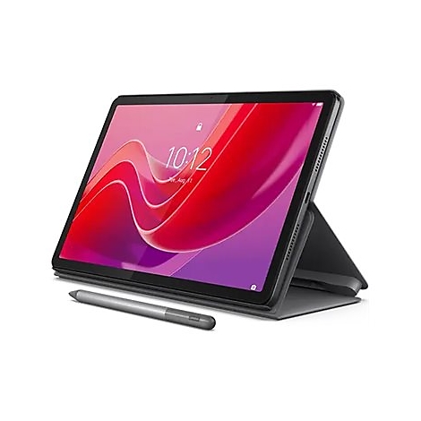 Ein Tablet mit rotem Hintergrund. Das Display zeigt die Uhrzeit 10:12 und das Datum an. Ein Stift liegt davor.