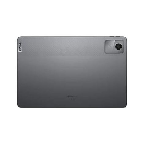 Dunkelgraues Tablet von hinten. Auf der oberen rechten Ecke befindet sich eine Kamera. Das Lenovo-Logo ist oben links.