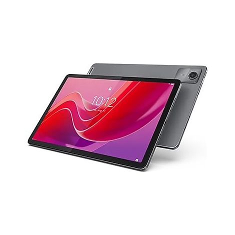 Graues Tablet mit einem Display, das die Uhrzeit 10:12 anzeigt, vor weißem Hintergrund. Ein weiteres Tablet ist im Hintergrund zu sehen.