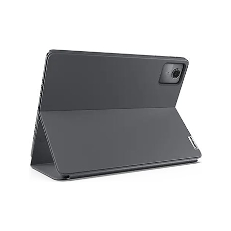 Dunkelgraues Tablet mit aufgestelltem Cover; Kamerabereich sichtbar, Lenovo-Logo unten.