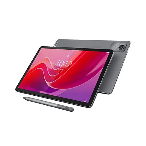 Ein graues Tablet mit Stift, auf dem Bildschirm Uhrzeit und Datum. Im Hintergrund ein zweites Tablet.