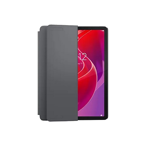 Ein Tablet mit grauer Schutzhülle, das teilweise geöffnet ist. Der Bildschirm zeigt eine rot-violette Darstellung mit einer Uhrzeit von 12:00 Uhr.