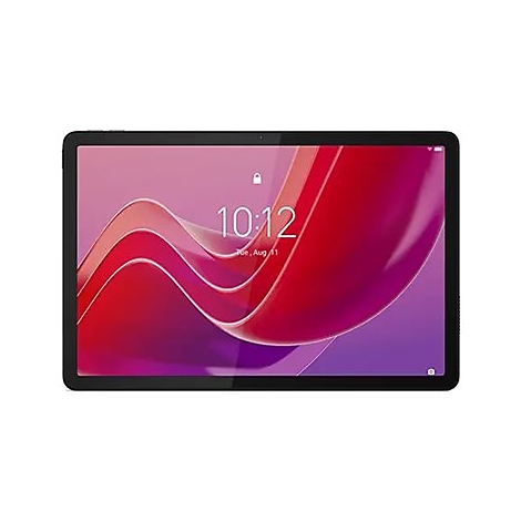 Schwarzes Tablet mit digitaler Uhrzeit 10:12, Tag 11. August. Bildschirmoberfläche in pink und rot gehalten.