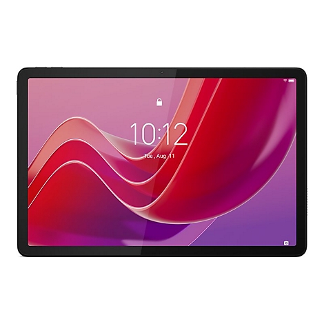 Schwarzes Tablet mit Uhrzeit 10:12 Uhr, Hintergrund mit roten und violetten Wellen.