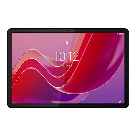 Schwarzes Tablet, Display mit Farbverlauf von Rot zu Lila, Uhrzeit 10:12, Dienstag, 11. August.
