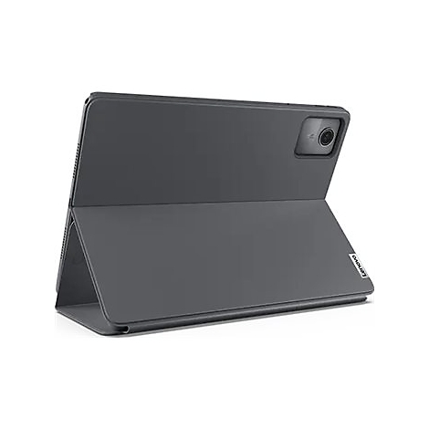 Graues Lenovo Tablet mit Kamera und Hülle, im geöffneten Zustand. Am unteren Rand ist der Schriftzug "Lenovo" zu sehen.