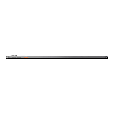 Graues Tablet von der Seite, mit orangefarbenen Akzenten. Es liegt auf weiÃŸem Hintergrund.