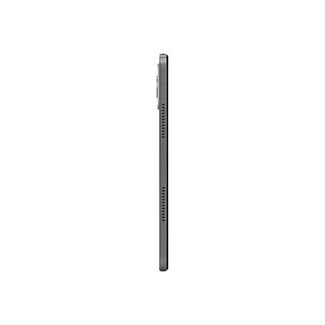 Graues Tablet im Profil, seitlich betrachtet. Die Kanten sind abgerundet, mit Lautsprechern und einer Kamera.