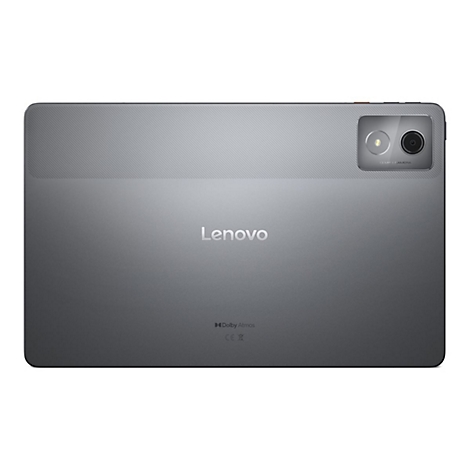 Graues Lenovo Tablet von hinten, Kamera oben rechts. Lenovo-Logo mittig. Dolby Atmos-Schriftzug unten.