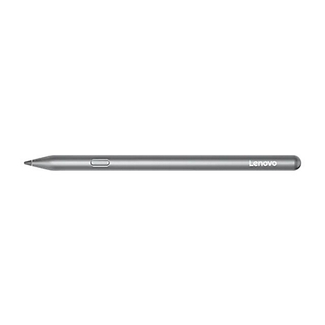 Grauer Lenovo-Stift mit einer Taste, Spitzendetail und Lenovo-Logo.