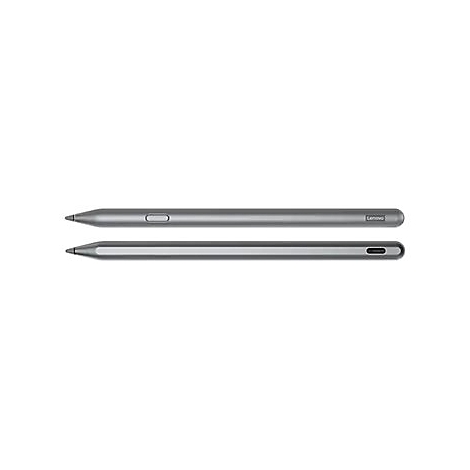 Zwei silberne Stifte, einer oben, einer unten. Beide zeigen die Spitze und das Ende. Auf dem oberen Stift steht Lenovo.
