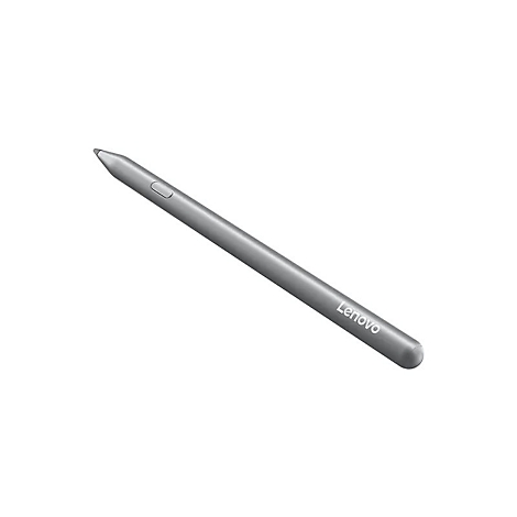 Ein silberner Lenovo Eingabestift mit einer Taste auf einem weißen Hintergrund.