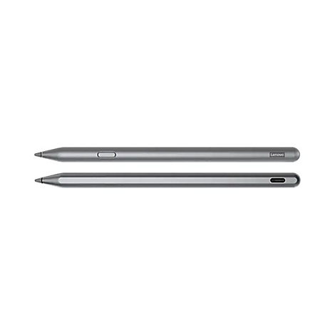 Zwei graue Lenovo Eingabestifte in der Vorder- und Seitenansicht vor weißem Hintergrund.