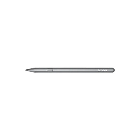 Grauer Lenovo Eingabestift mit Seitentaste vor weißem Hintergrund.