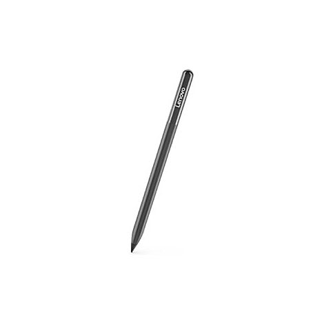 Schlanker, grauer Lenovo Eingabestift vor weißem Hintergrund.