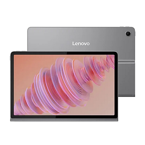 Ein graues Lenovo-Tablet, auf dem Bildschirm ist eine abstrakte rosafarbene Grafik zu sehen. Im Hintergrund ein weiteres Tablet.