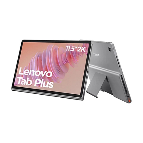 Ein graues Lenovo Tab Plus Tablet, teilweise mit Ständer, Bildschirm mit Text: "Lenovo Tab Plus 11.5" 2K".