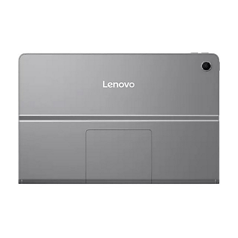 Rückseite eines grauen Lenovo-Tablets. Oben links das Lenovo-Logo, oben rechts eine Kamera.