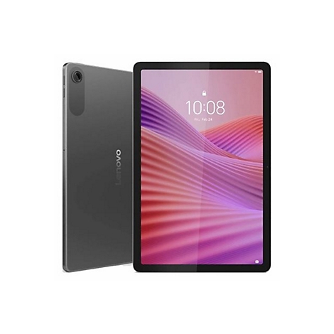 Graues Lenovo Tablet, Display zeigt Uhrzeit und Datum.