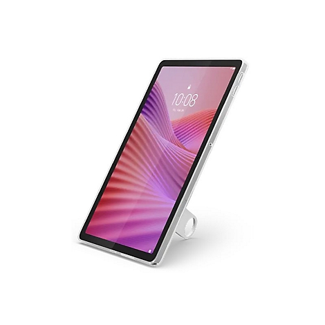 Tablet, grau mit pinkfarbenem Bildschirm, zeigt Uhrzeit, und ist leicht geneigt.