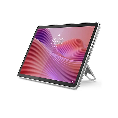 Ein Tablet mit hellgrauem Rahmen und Ständer. Auf dem Bildschirm sind Wellen in Rosa und Lila zu sehen; Uhrzeit 10:08, Fr, Feb 24.