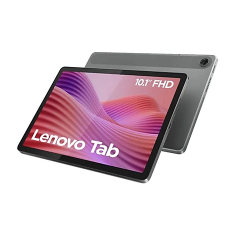 Lenovo Tab Tablet, 10,1 Zoll FHD Display. Im Vordergrund, Bildschirm mit „Lenovo Tab“-Schriftzug, dahinter leicht erhöhtes Tablet.