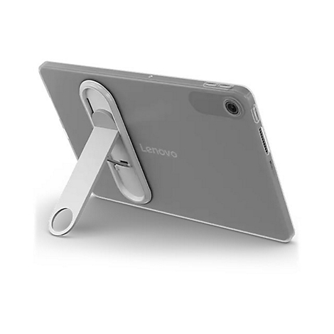 Graues Tablet mit Ständer, Logo 'Lenovo'. Rückansicht, auf weißem Hintergrund.