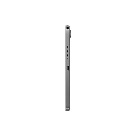 Graues Tablet im Profil, auf weißem Hintergrund. Sichtbar sind: Lautsprecheröffnungen, Kamera und Ein-/Aus-Knopf.