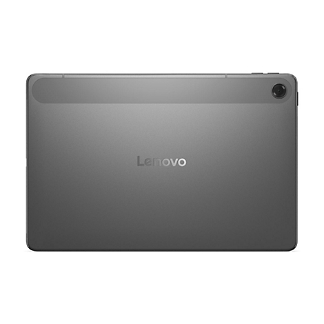 Graues Tablet von hinten. Das Lenovo-Logo ist mittig platziert. Oben rechts befindet sich eine Kamera.