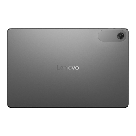 RÃ¼ckseite eines grauen Tablets, oben rechts Kamera, unten mittig Lenovo-Schriftzug.