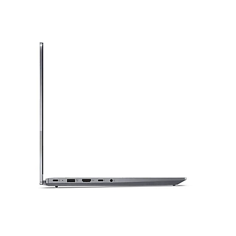 Grauer Laptop von der Seite mit geöffnetem Display, zeigt Anschlüsse. Helles Hintergrund.
