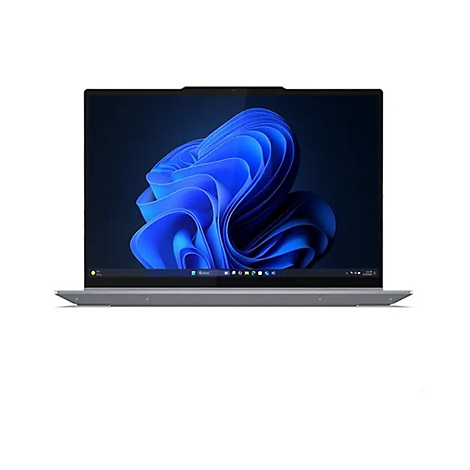 Ein Laptop mit offenem Bildschirm, der ein blaues, abstraktes Hintergrundbild zeigt. Der Laptop ist auf weißem Hintergrund platziert.