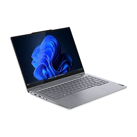 Grauer Laptop, geöffnet, mit Windows-Hintergrund. Auf dem Display ist ein blaues, wellenförmiges Design zu sehen.