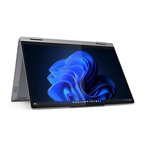 Ein Laptop, teilweise geöffnet, mit blauen Locken-Hintergrund. Der Bildschirm zeigt eine Windows-Benutzeroberfläche.
