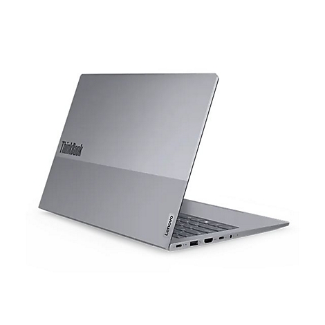 Grauer Laptop ThinkBook, leicht geöffnet, auf weißem Hintergrund.