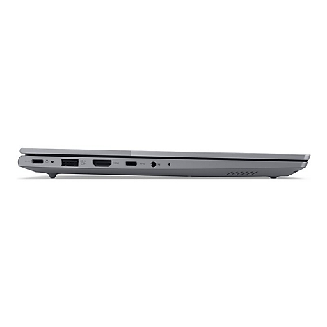 Grauer Laptop im Profil. Die linke Seite zeigt AnschlÃ¼sse, die rechte Seite LÃ¼ftungsschlitze.
