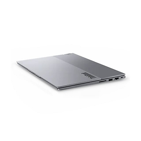 Graues Laptop ThinkBook, leicht angewinkelt, auf weißem Grund.